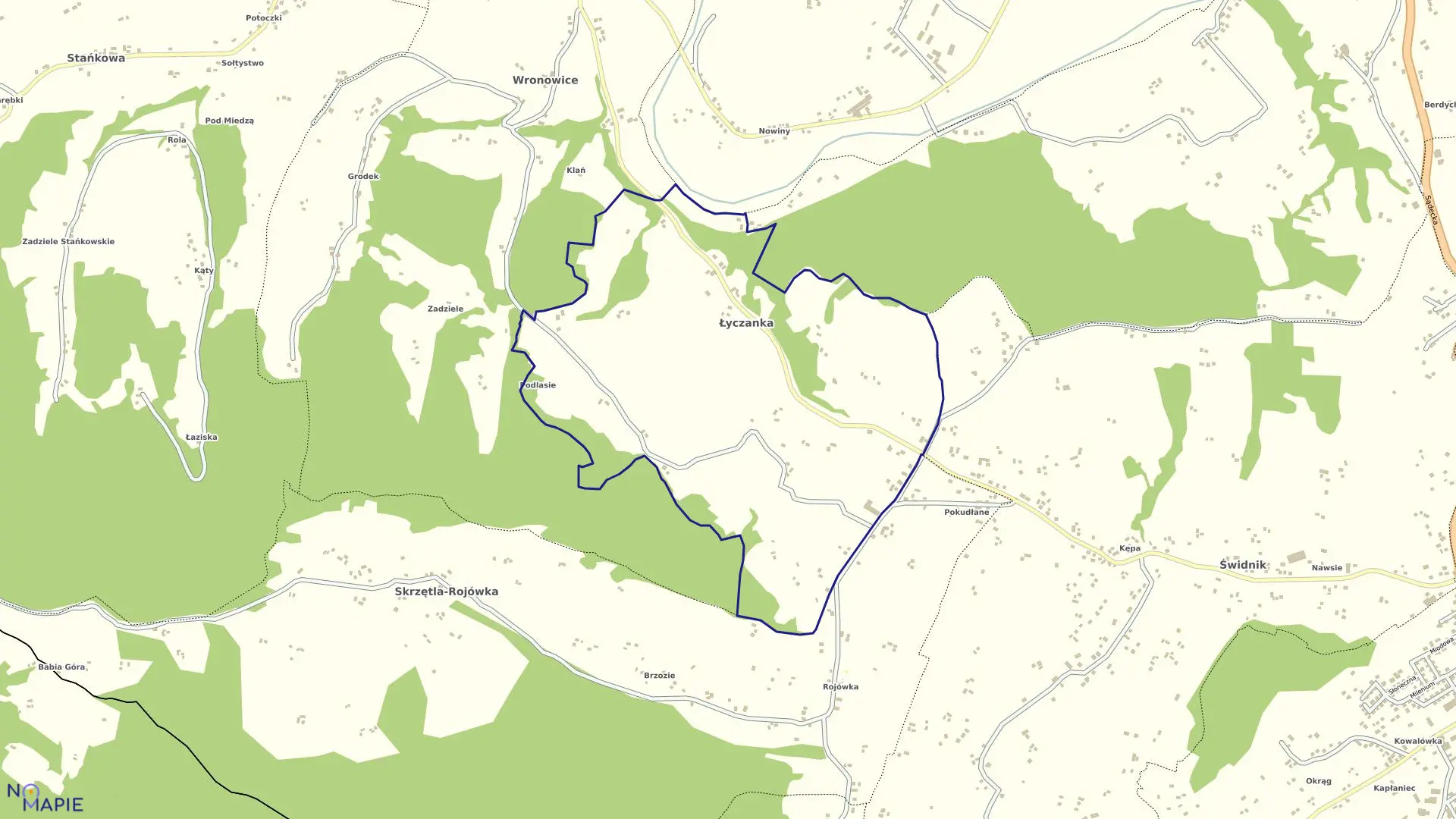 Mapa obrębu Łyczanka w gminie Łososina Dolna