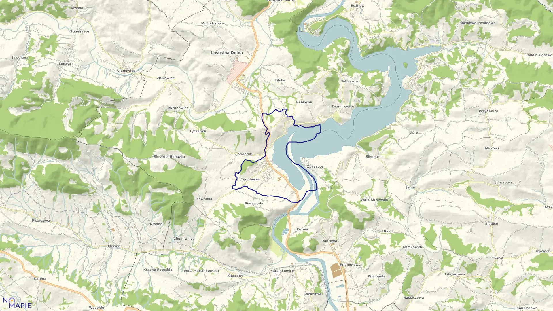 Mapa obrębu Tęgoborze w gminie Łososina Dolna