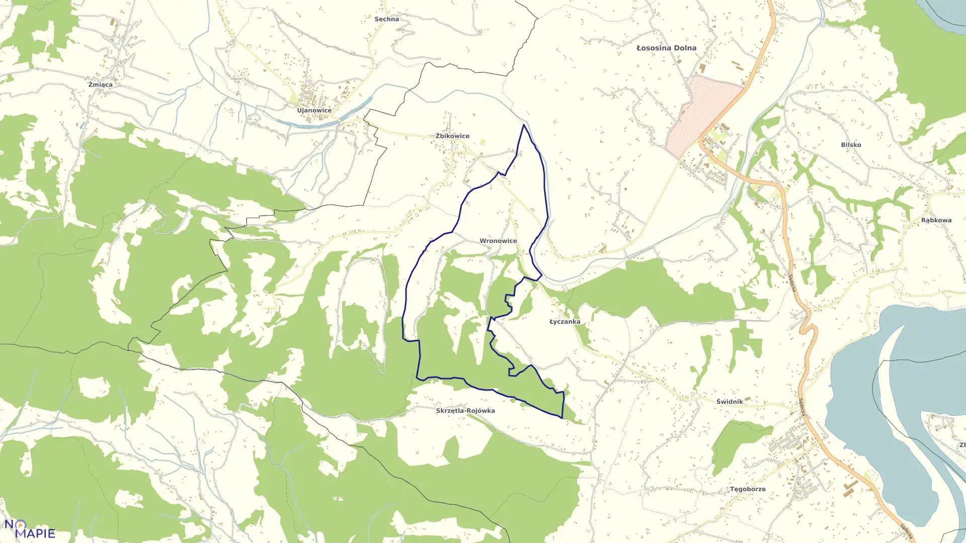 Mapa obrębu Wronowice w gminie Łososina Dolna