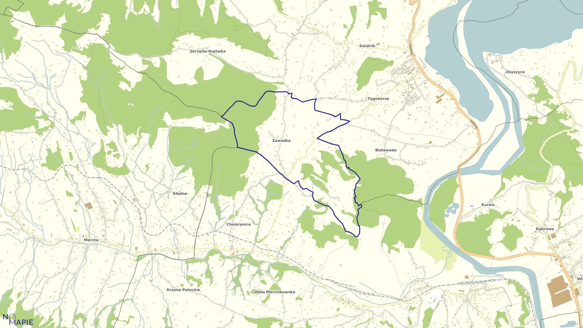 Mapa obrębu Zawadka w gminie Łososina Dolna