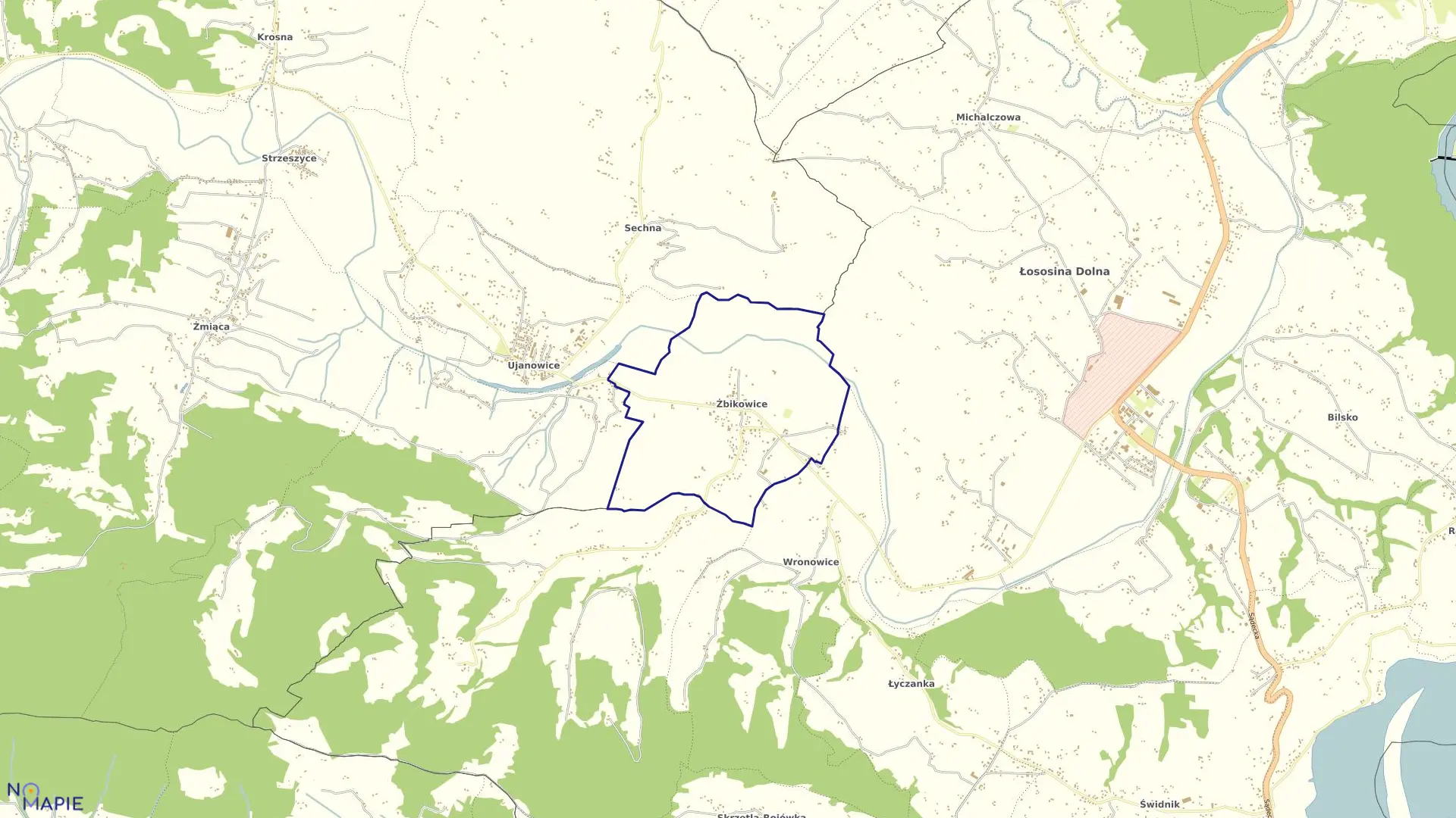 Mapa obrębu Żbikowice w gminie Łososina Dolna